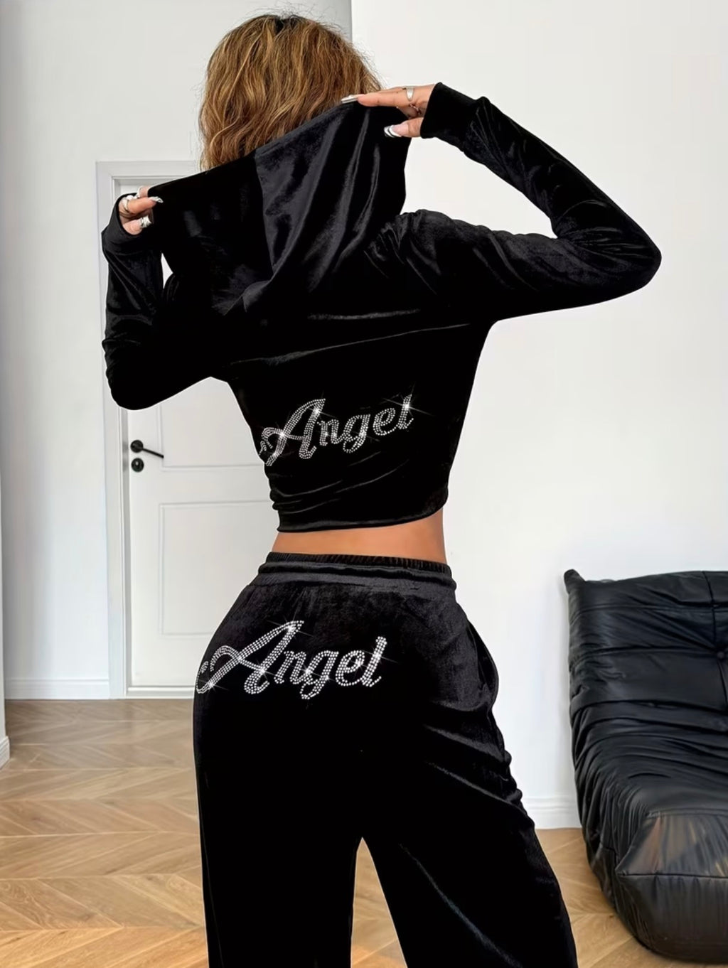 Summer Black Rhinestone Decorated Hooded Zipper Top & Pocket Pants Women’s Casual Suit