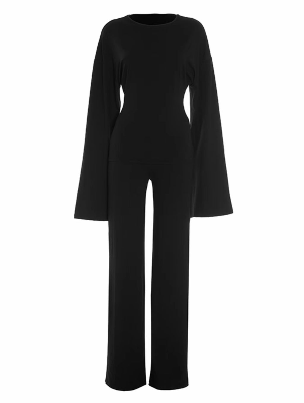 Elegant Black 2-Piece Lounge Set – Long Sleeve Top & Wide Leg Pants
