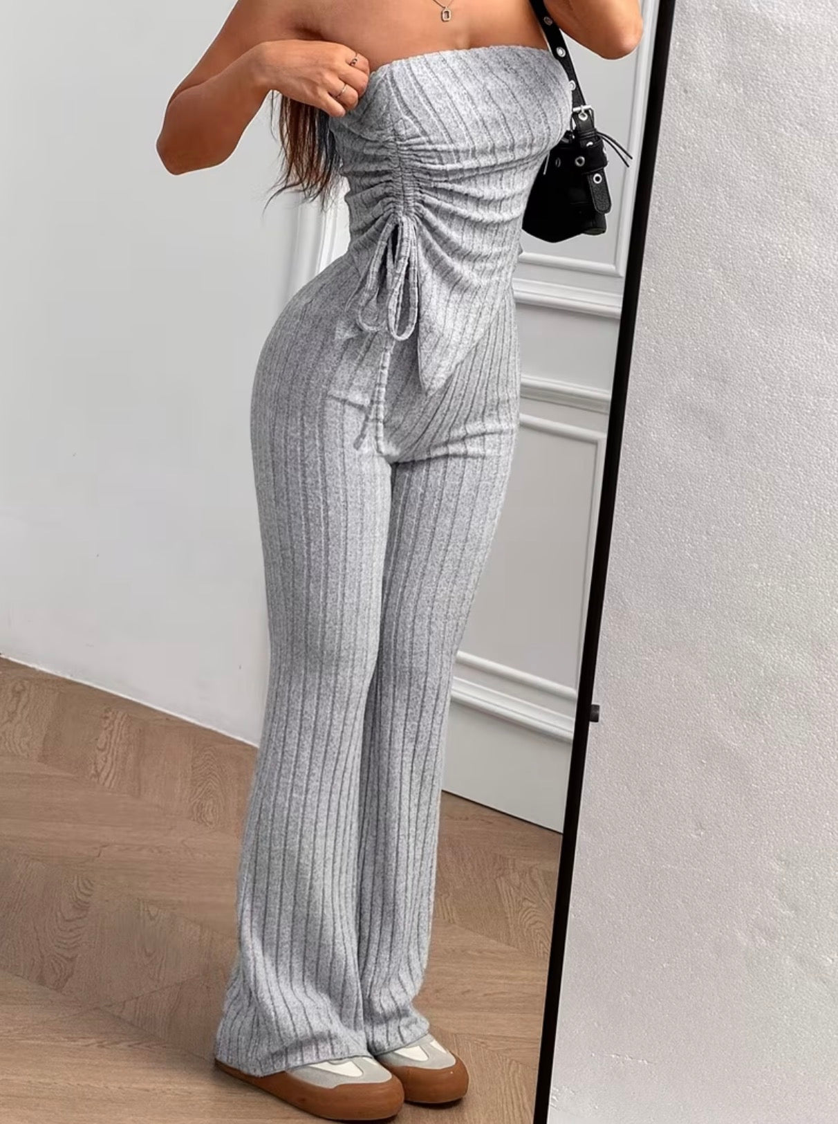 Women's Autumn/Winter New Ribbed Drawstring Tank Top and Elegant Slim-Fit Pants Set, 2pcs