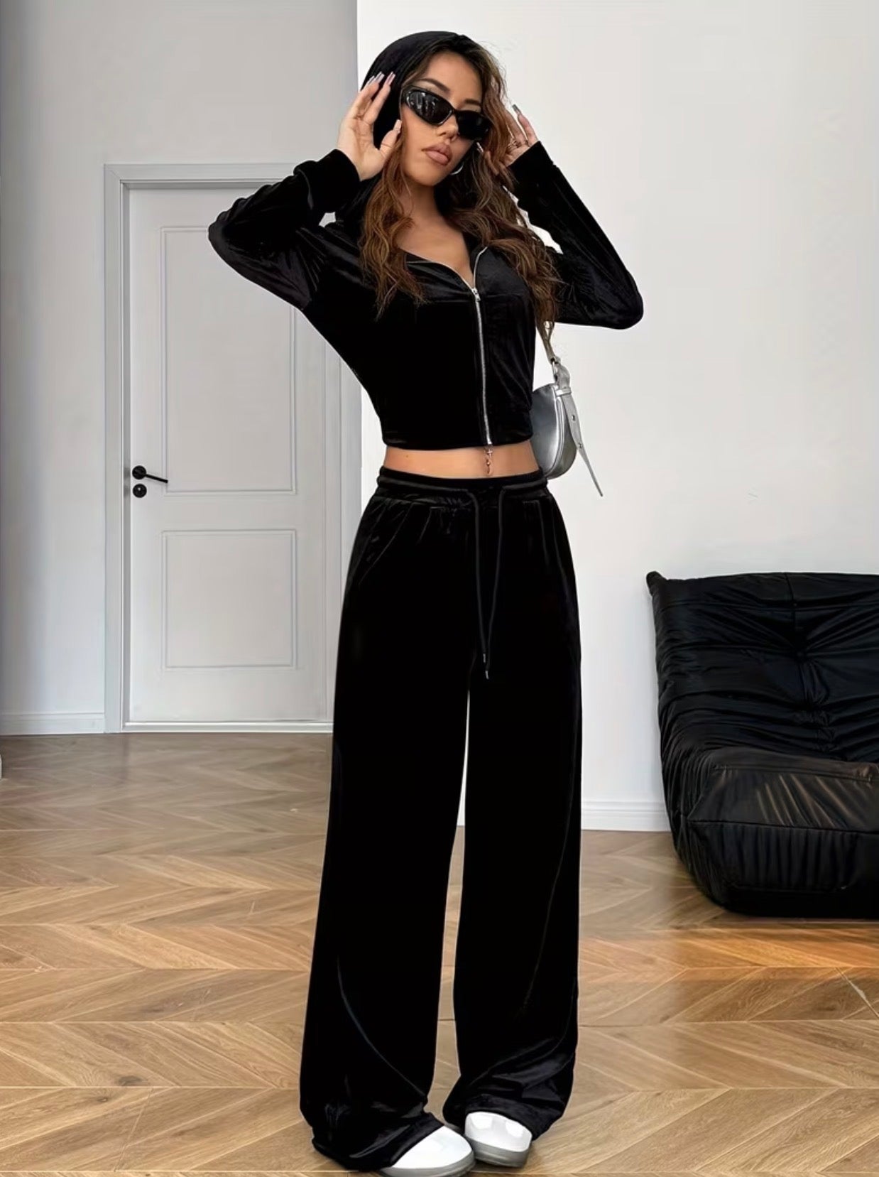 Summer Black Rhinestone Decorated Hooded Zipper Top & Pocket Pants Women’s Casual Suit