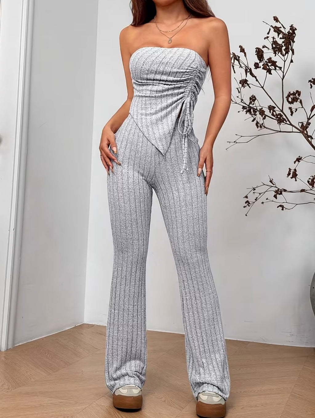 Women's Autumn/Winter New Ribbed Drawstring Tank Top and Elegant Slim-Fit Pants Set, 2pcs