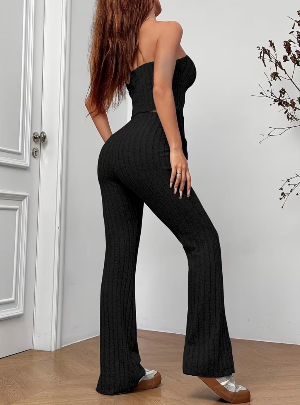 Women's Autumn/Winter New Ribbed Drawstring Tank Top and Elegant Slim-Fit Pants Set, 2pcs