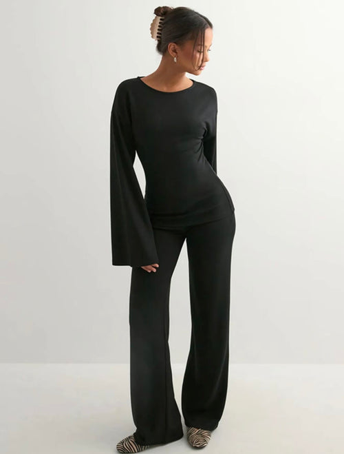 Elegant Black 2-Piece Lounge Set – Long Sleeve Top & Wide Leg Pants